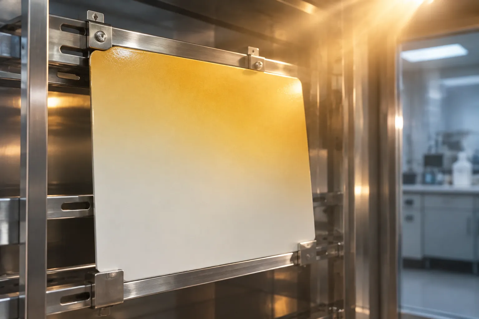 Light-colored alkyd coating test panel under warm heat-UV aging light showing yellowing gradient
