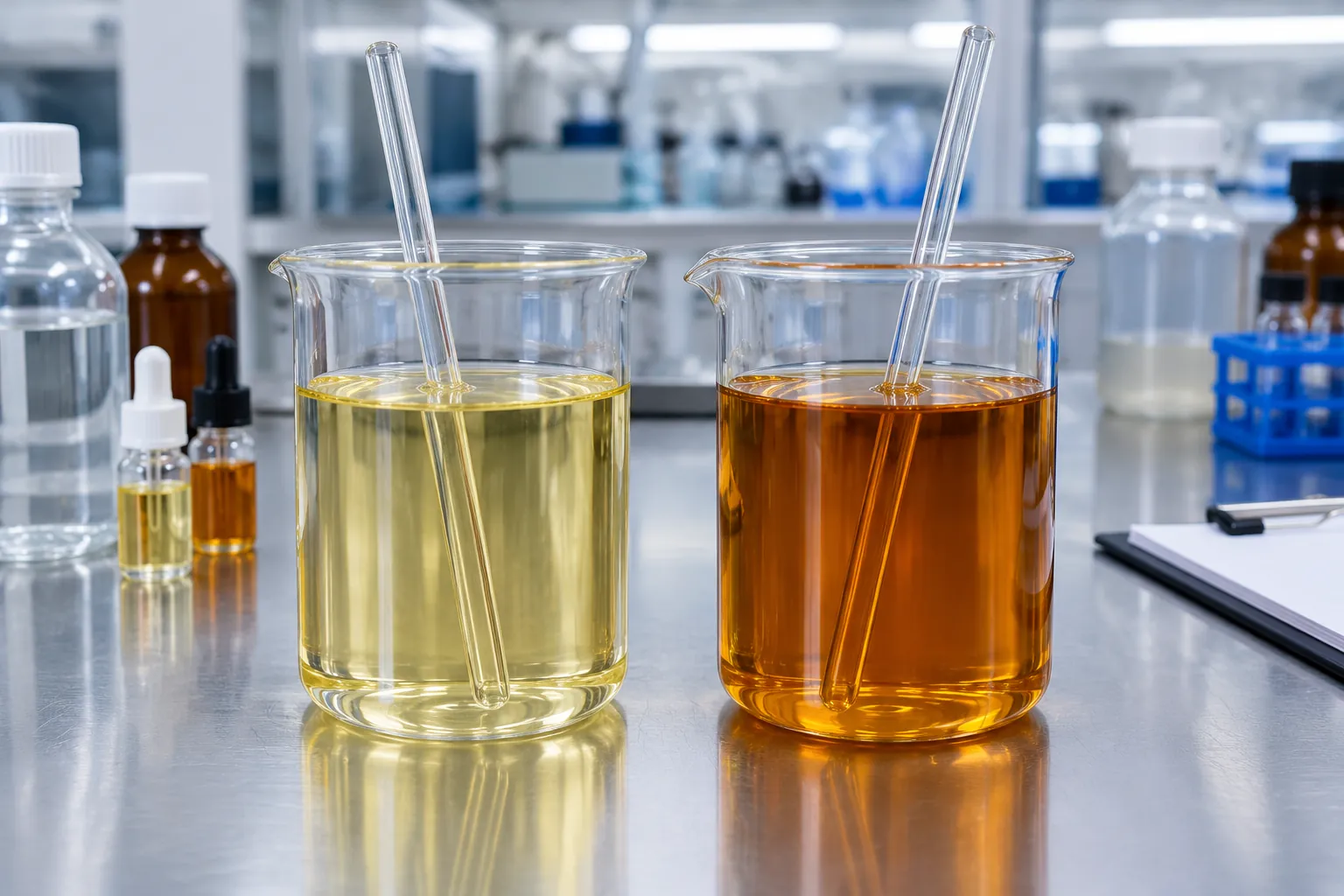 Coatings lab side-by-side resin cook comparison with two beakers of clearer versus darker alkyd resin