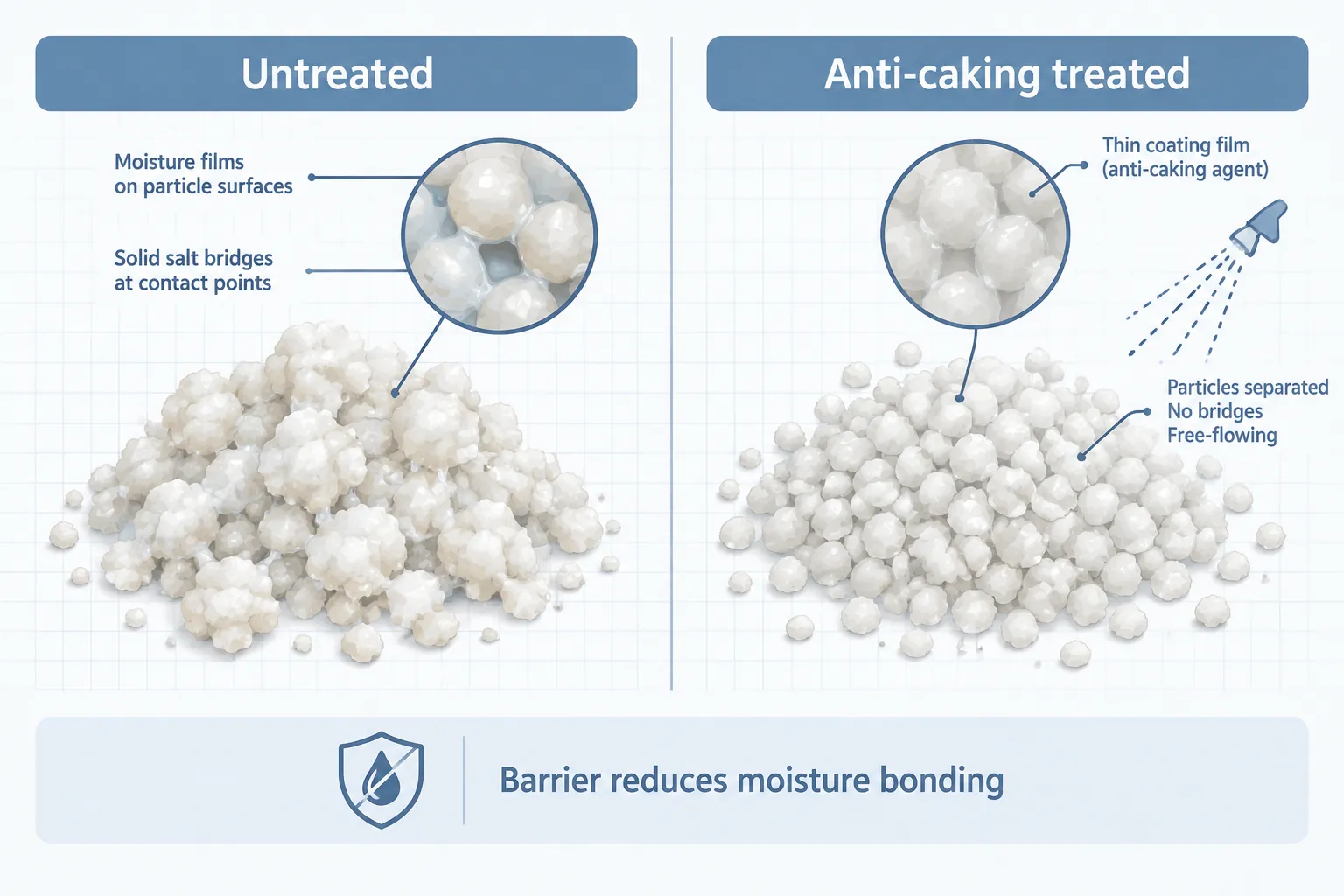 Technical comparison of untreated ammonium sulfate granules with salt bridges versus anti-caking treated granules with a thin barrier coating