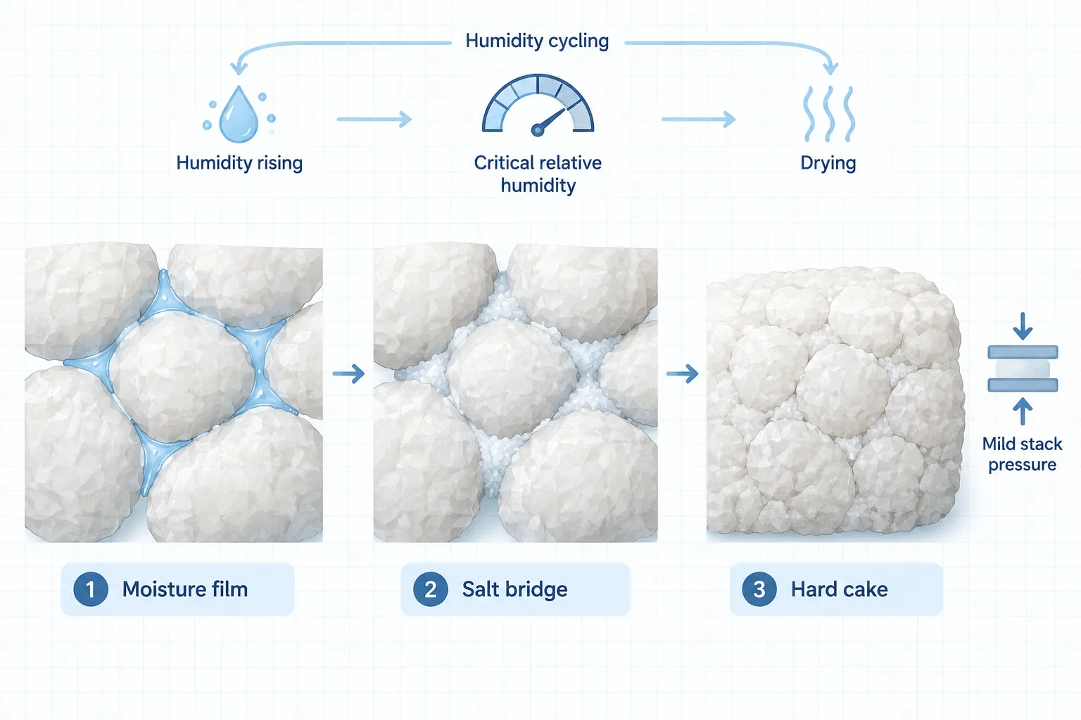 Technical diagram of ammonium sulfate particles forming moisture films and salt bridges into a hard cake