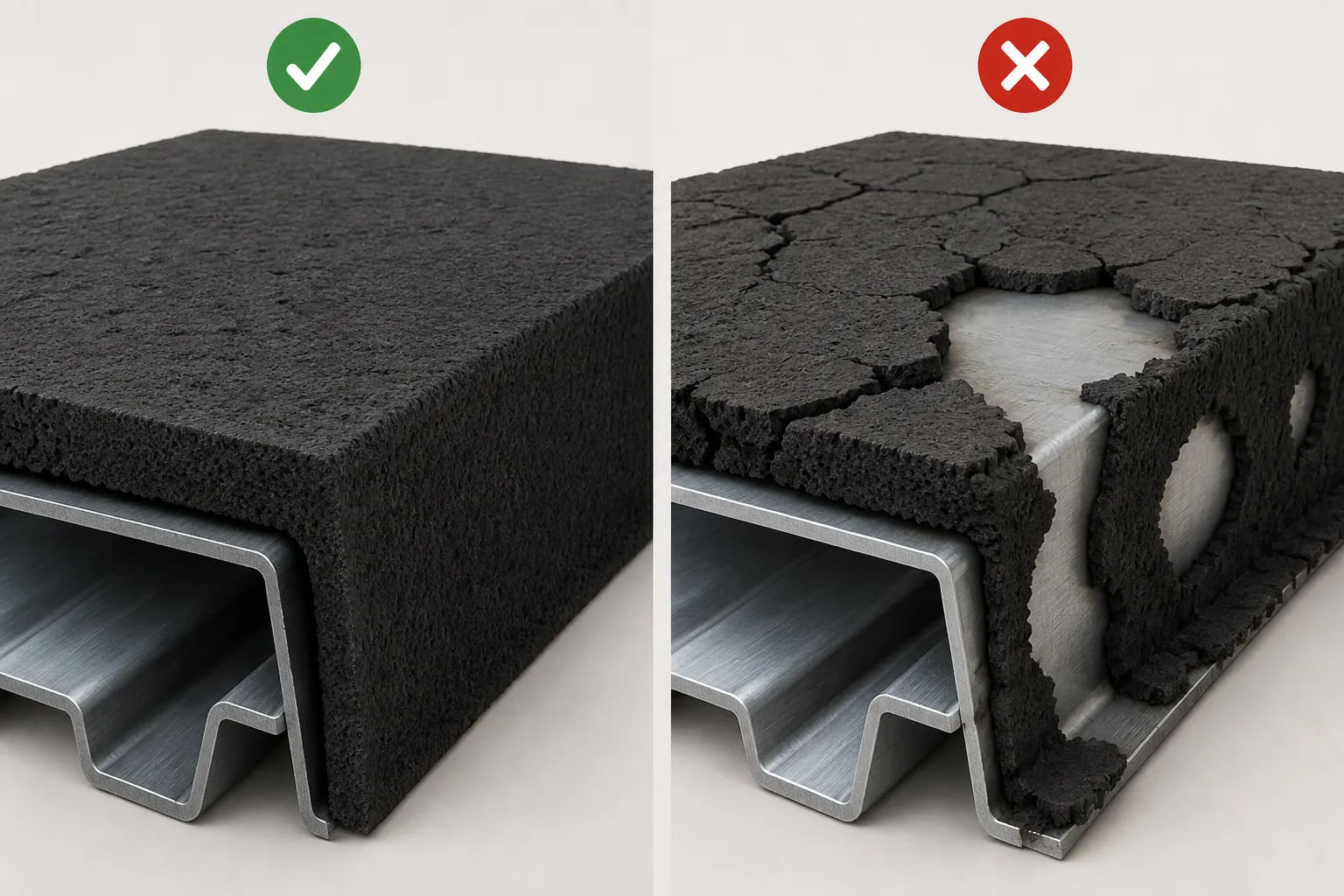 Comparison of good continuous intumescent char versus poor cracked char