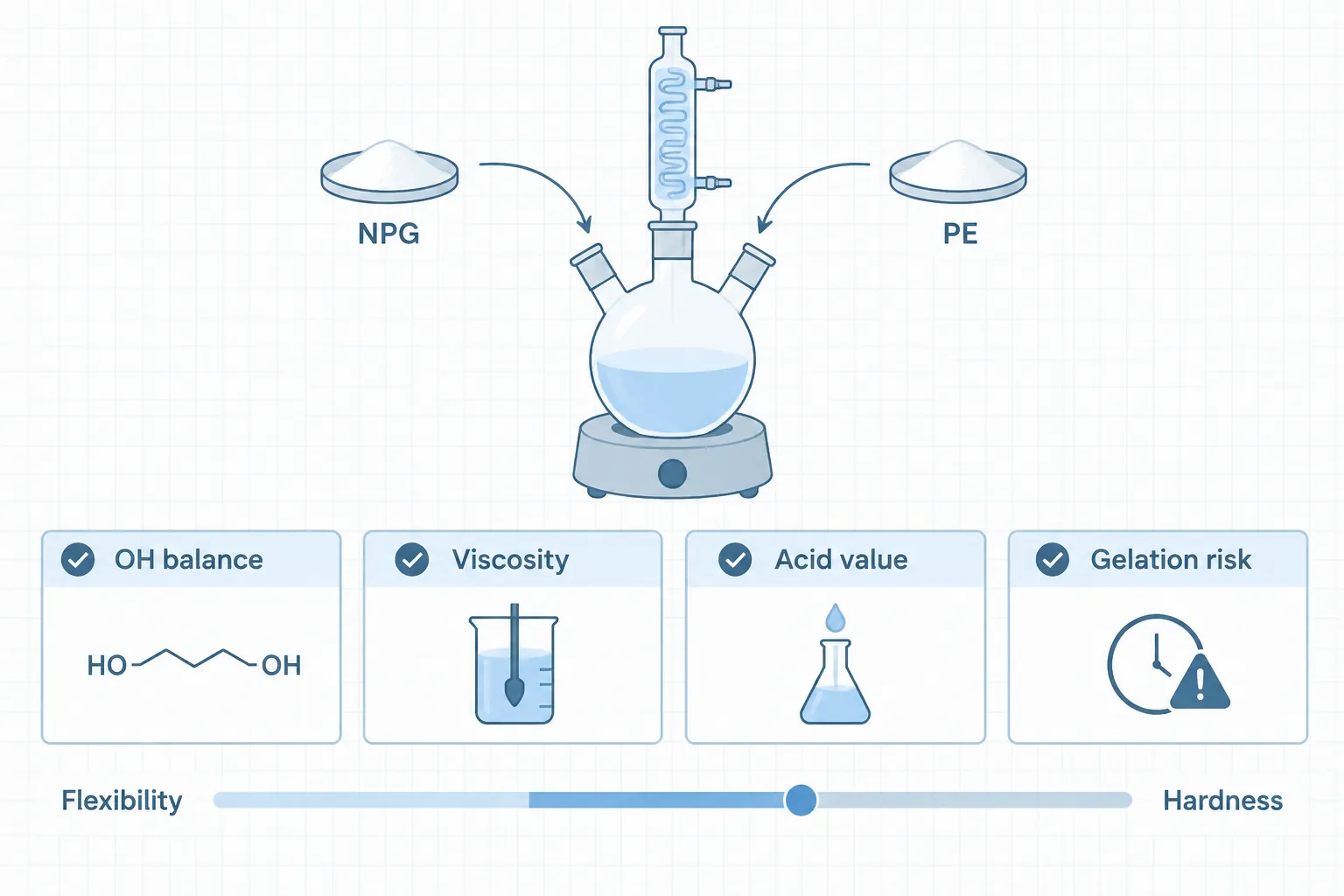 Mixing rules process checks OH viscosity acid value gelation risk for NPG and PE