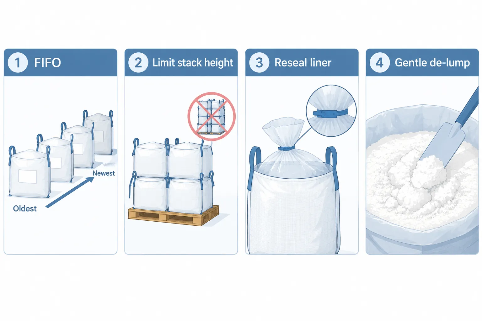 Four-panel handling tips FIFO limit stack reseal gentle de-lump