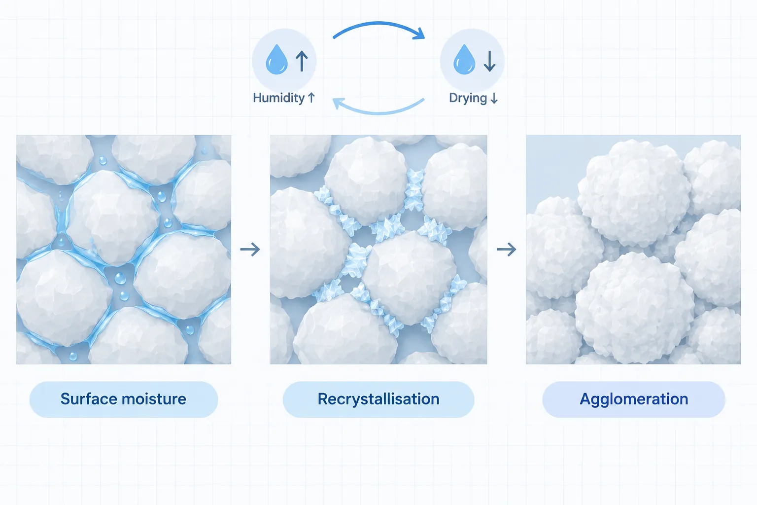 Diagram of moisture bridging humidity cycle causing PE agglomeration