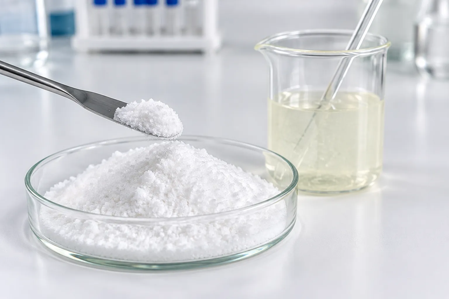 White pentaerythritol powder and binder resin in laboratory glassware