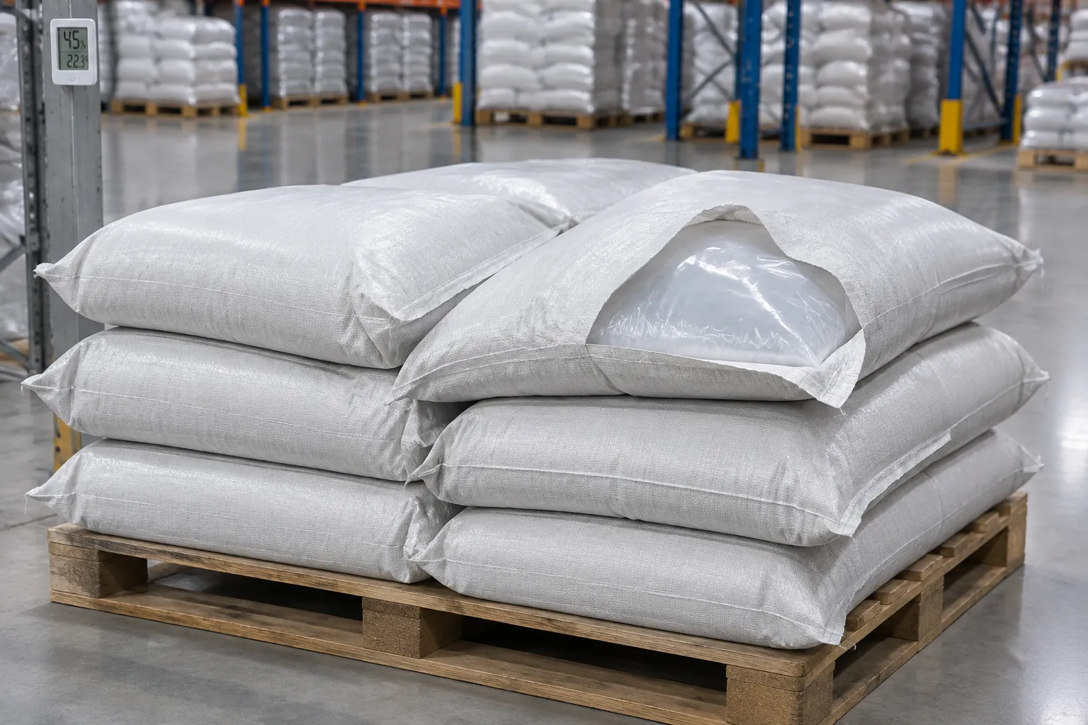 Sealed PE bags with liner stacked low in dry warehouse